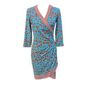 J.McLaughlin Catalina Cloth Faux Wrap Dress Turquoise Orange Animal Print Small